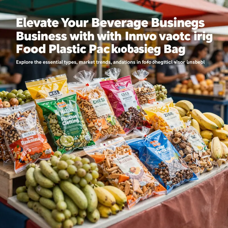 Colorful food plastic packaging bags showcased in a lively market setting.