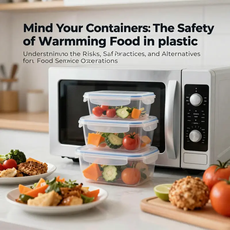 A kitchen scene showing food preparation with a focus on safe practices for warming food in plastic containers.
