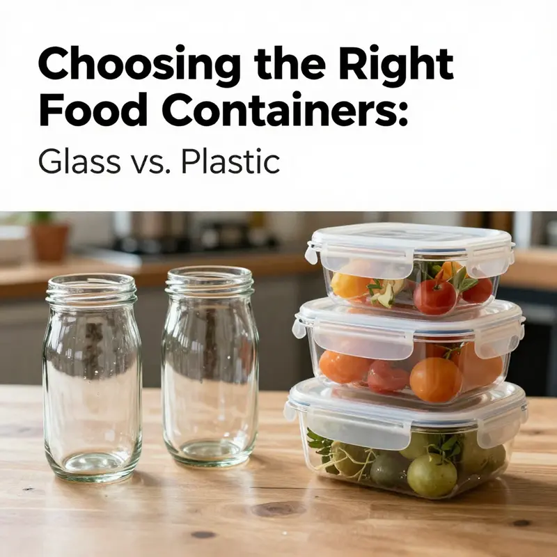 An inviting image featuring glass food containers next to plastic counterparts, set in a food establishment.