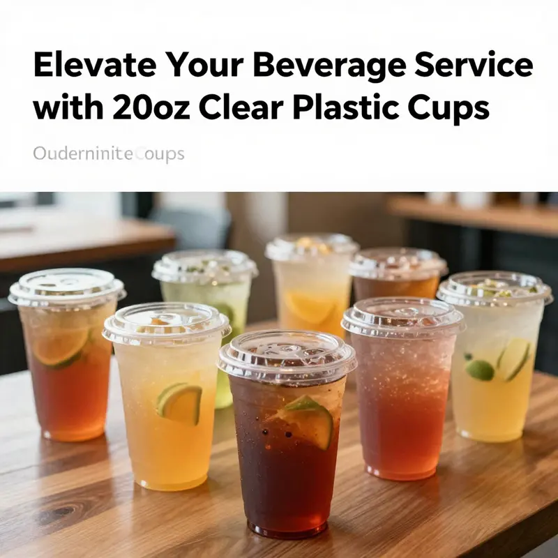 A café setting displaying 20oz clear plastic cups with lids filled with colorful beverages.