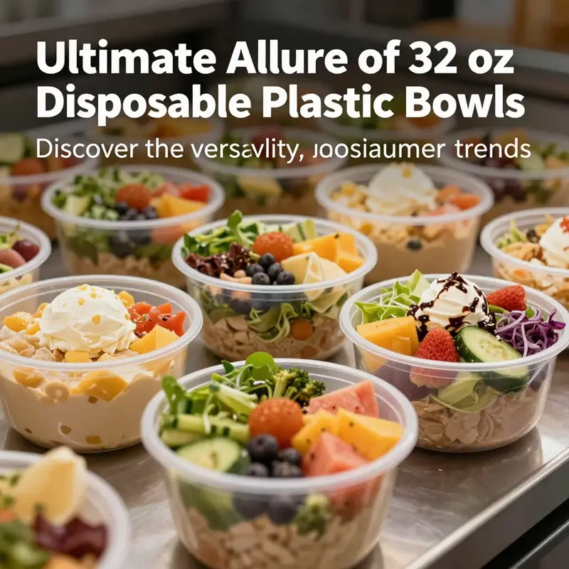 Engaging visual of 32 oz disposable plastic bowls filled with colorful food, representing their appeal in the foodservice industry.