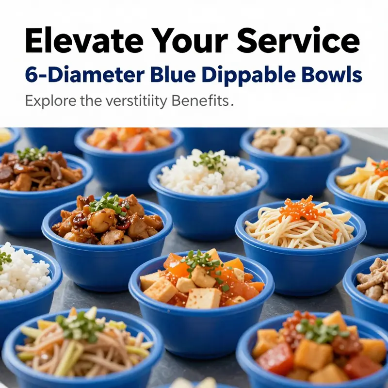 An array of filled blue disposable plastic bowls demonstrating their practical usefulness across different cuisines.