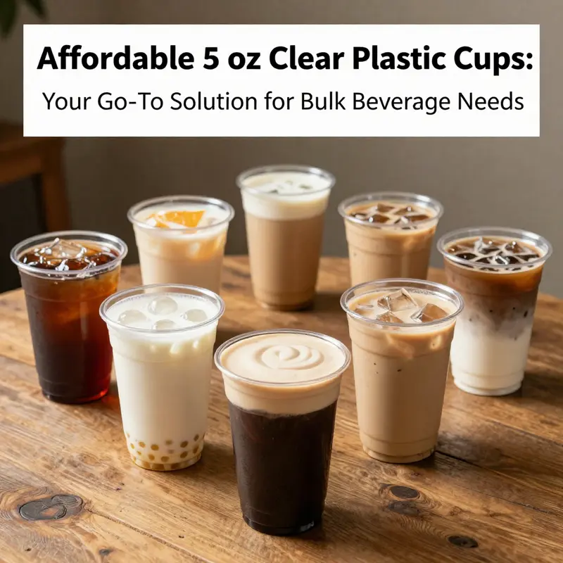 5 oz clear plastic cups filled with colorful drinks arranged artistically on a wooden surface.