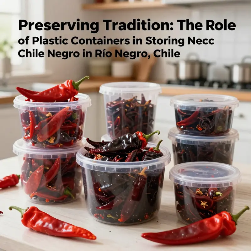 Varieties of chili peppers, focusing on chilhuacle negro, beautifully displayed in plastic containers, showcasing the intersection of culinary tradition and modern food preservation.