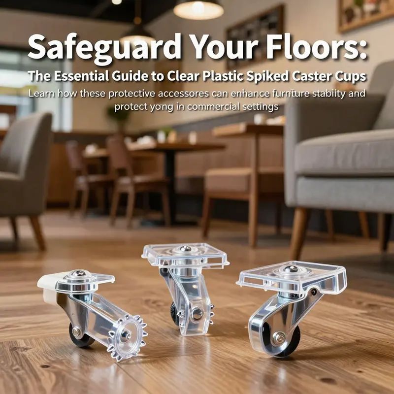 Selection of clear plastic spiked caster cups displayed with vibrant furniture in a bustling food service setting.