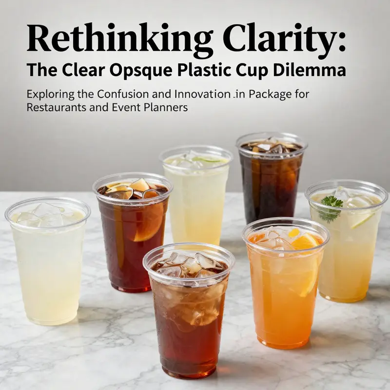 Diverse assortment of colorful beverages in clear and opaque plastic cups displayed on a marble countertop.
