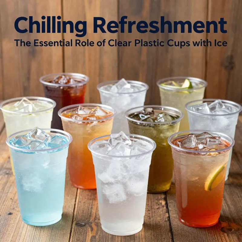 An assortment of clear plastic cups filled with ice and colorful drinks, presented on a rustic wooden surface.