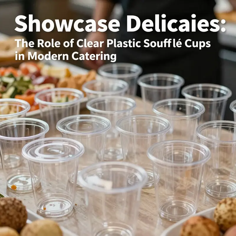 Diverse clear plastic soufflé cups displayed in various settings, highlighting their versatility in catering.