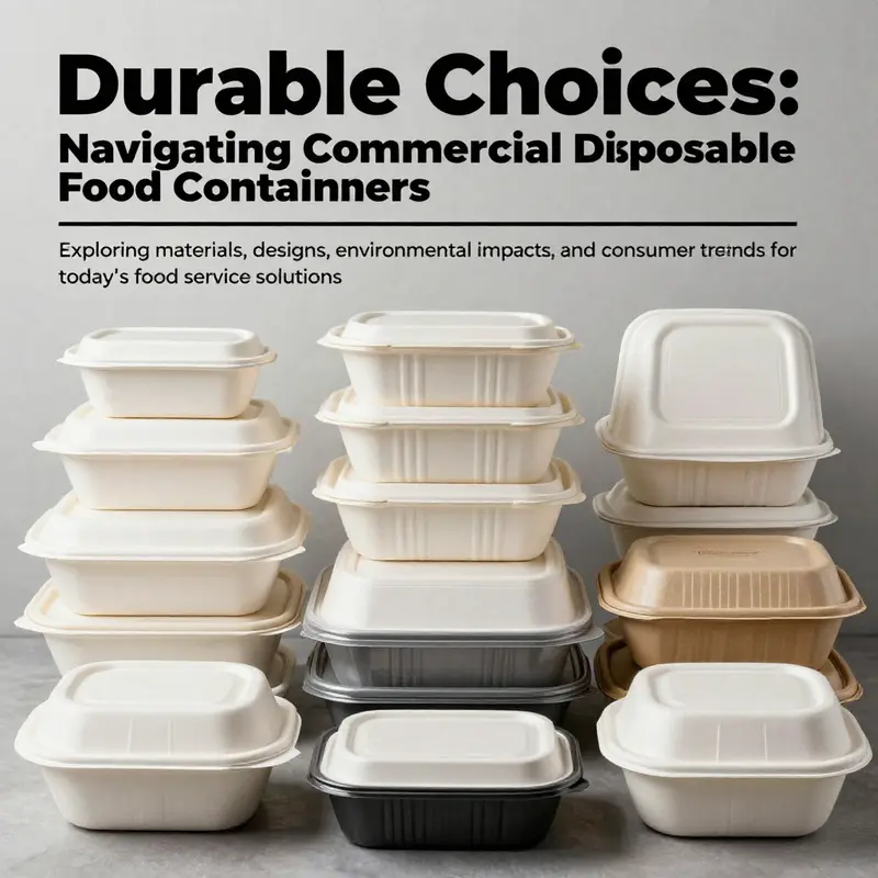 Various commercial disposable food containers arranged attractively to emphasize their application in food services.