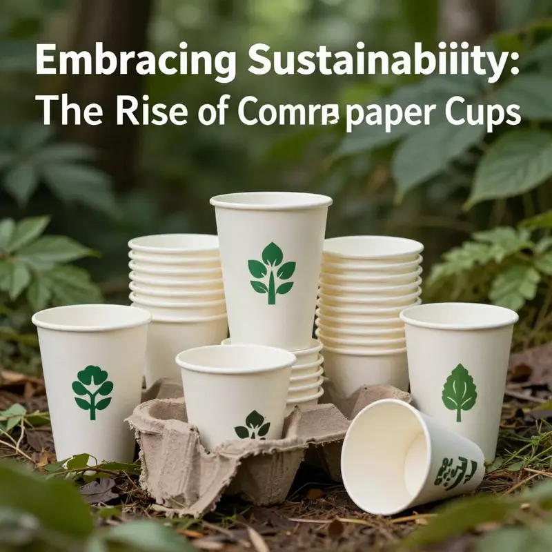 A collection of compostable paper cups displayed in a natural setting symbolizing sustainability.