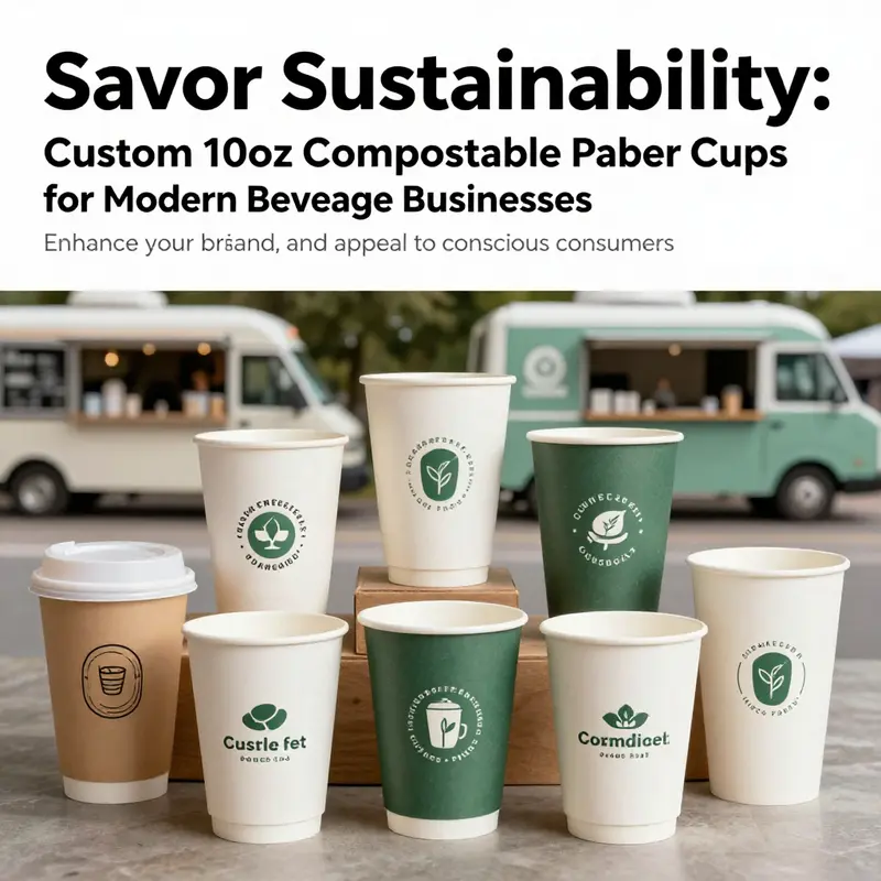 A collection of custom 10oz compostable paper cups displayed in various service scenarios.