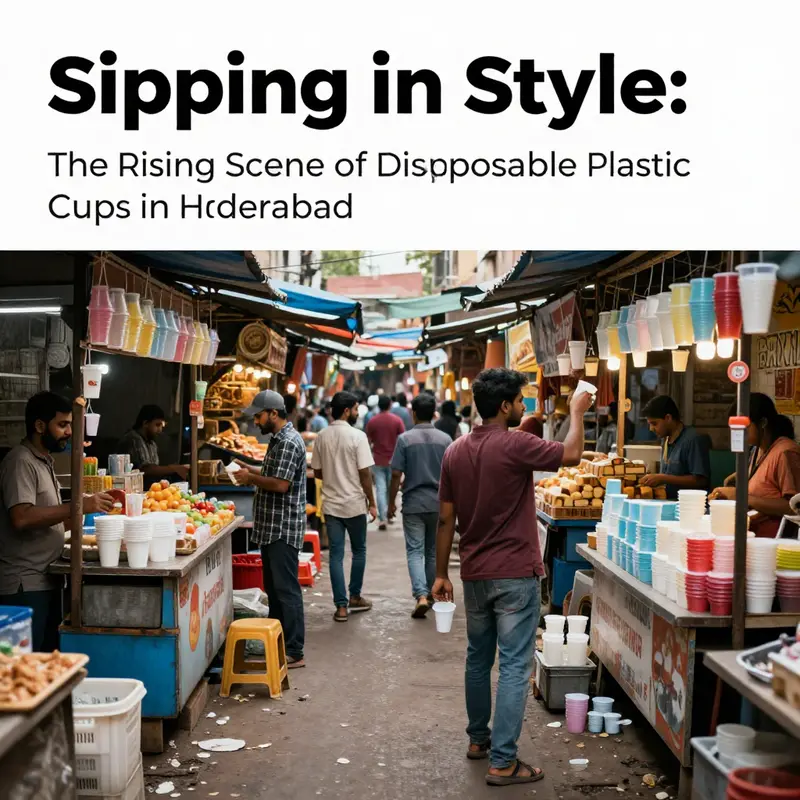 A lively marketplace in Hyderabad filled with food vendors, displaying disposable plastic cups in use across various stalls.