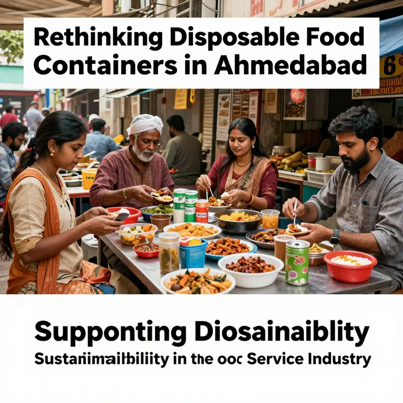 An engaging cover image illustrating different food service environments in Ahmedabad, addressing the topic of disposable food containers.