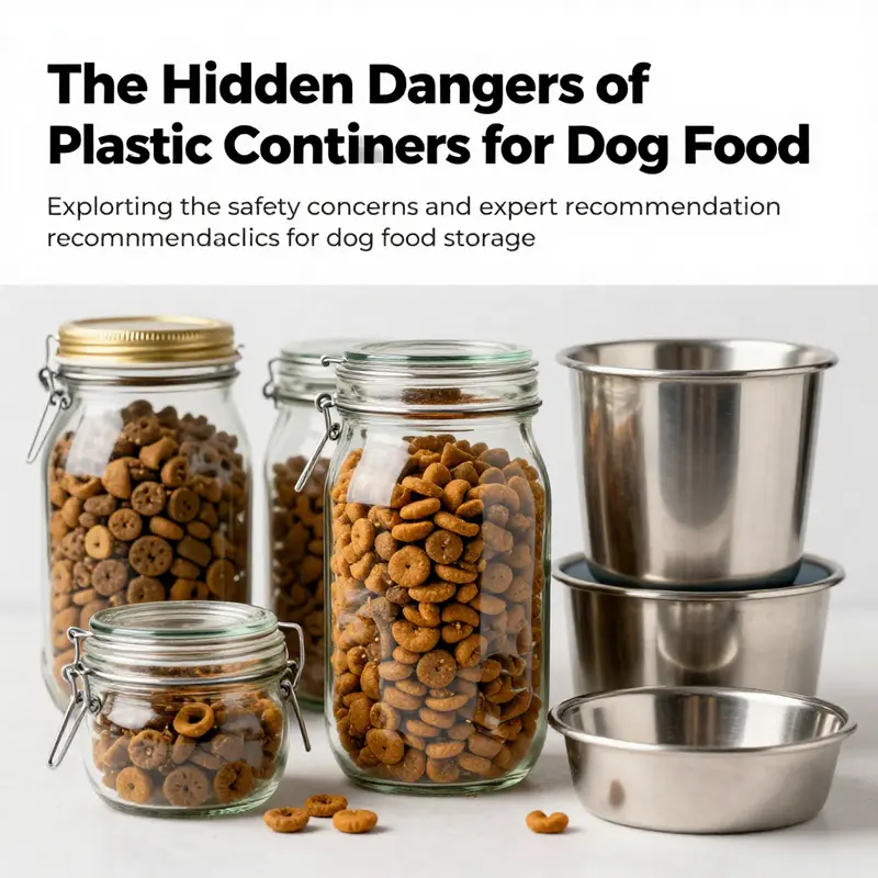 A comparison of different dog food storage options highlighting safety with glass and stainless steel.