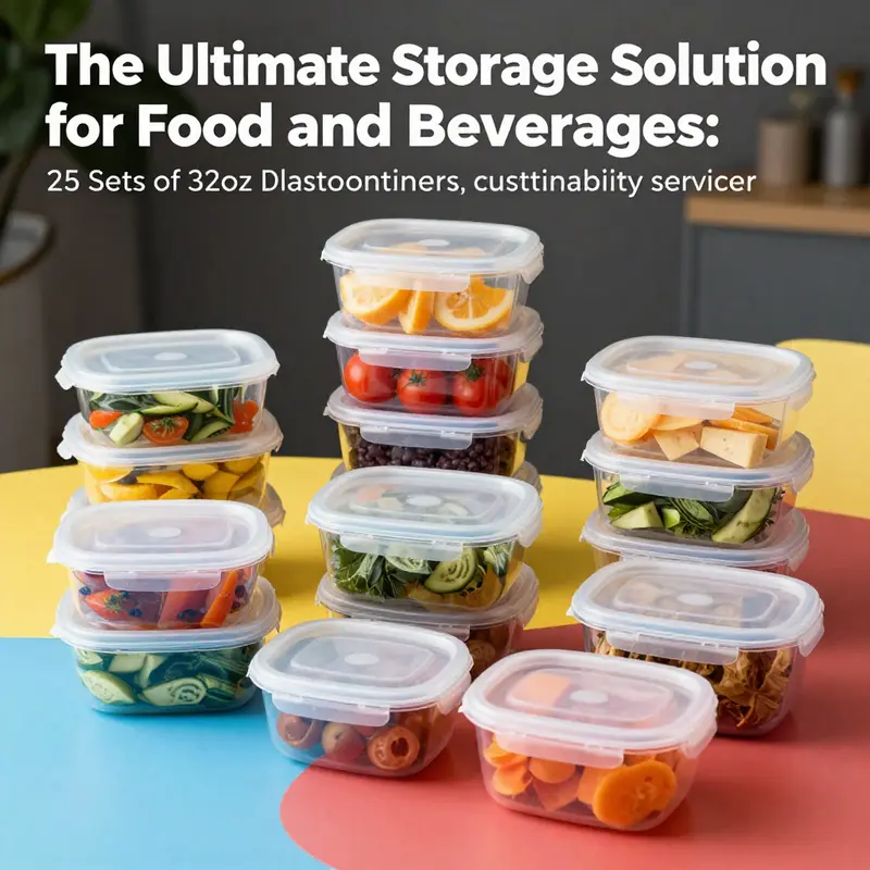 Various 32oz plastic food containers with lids displayed on a table.