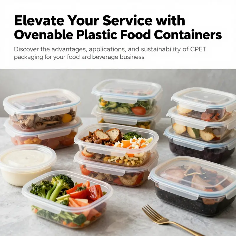Diverse assortment of ovenable plastic food containers filled with food, illustrating their versatility in food service.