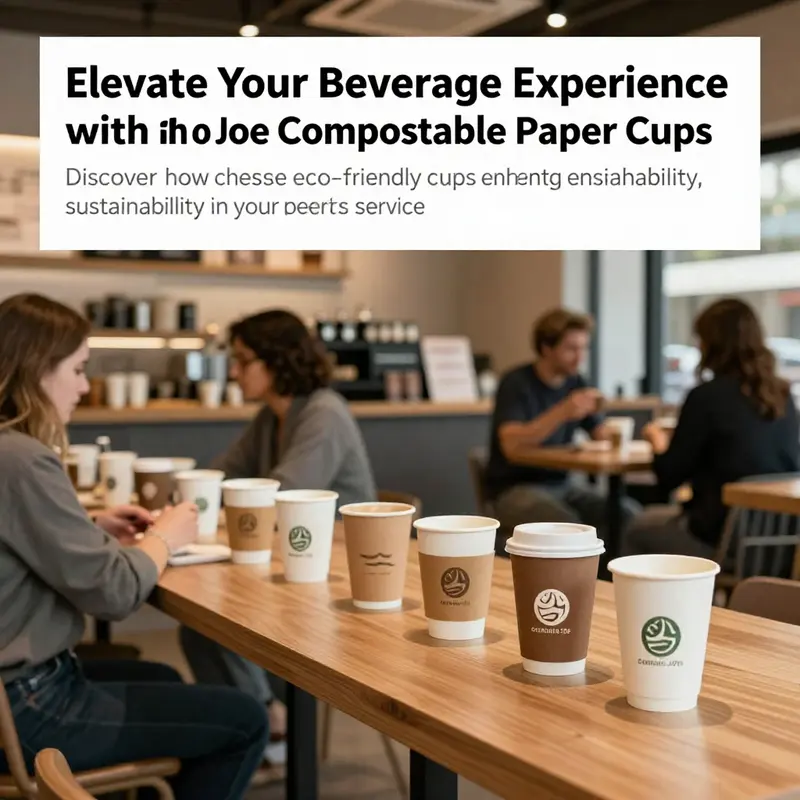 A modern café filled with customers, all using Genuine Joe compostable paper cups, emphasizing their wide appeal and sustainability.
