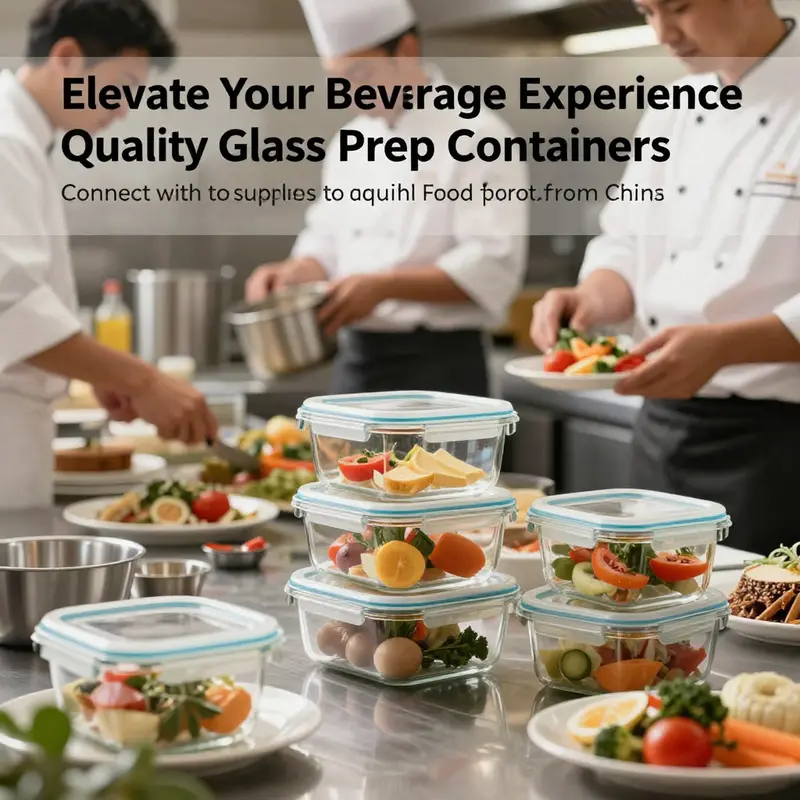 Chefs in a bustling kitchen preparing food with a variety of glass food prep containers.