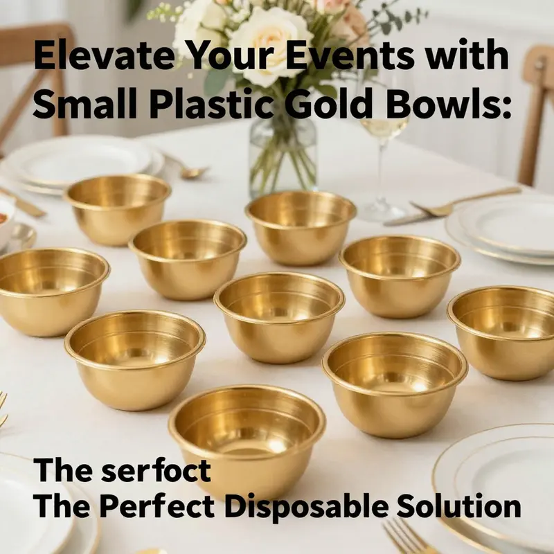 An upscale table setting displaying small plastic gold disposable bowls filled with gourmet food, enhancing the visual appeal.