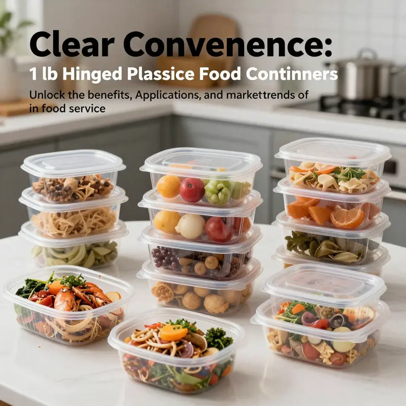 A vibrant assortment of 1 lb clear hinged plastic disposable food containers filled with various gourmet food items set against a modern kitchen backdrop.