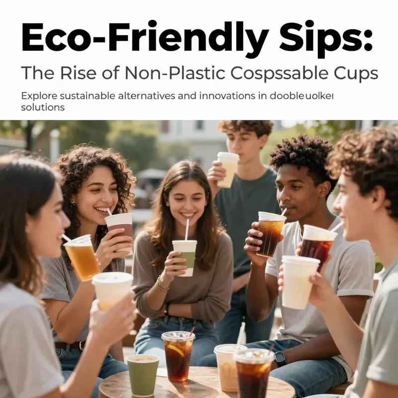 A group of friends sharing drinks from eco-friendly non-plastic disposable cups in a sunny outdoor setting, representing the social acceptance of sustainable choices.