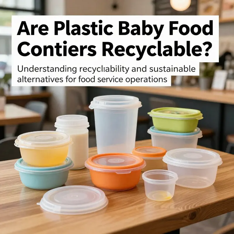 A cafe scene displaying various disposable packaging types including baby food containers, promoting sustainability in food service.