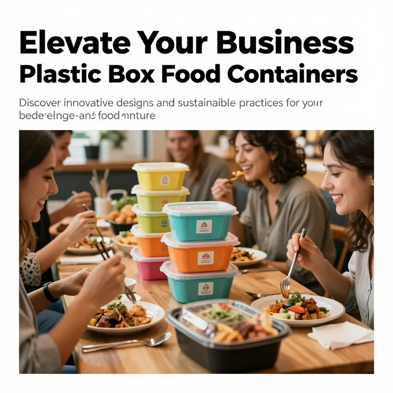 A lively restaurant scene featuring customers happily dining with food served in colorful and branded plastic box food containers.