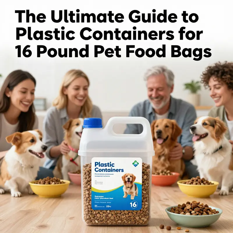 A joyful scene showing a 16-pound plastic pet food container with happy pets and their owners at mealtime.