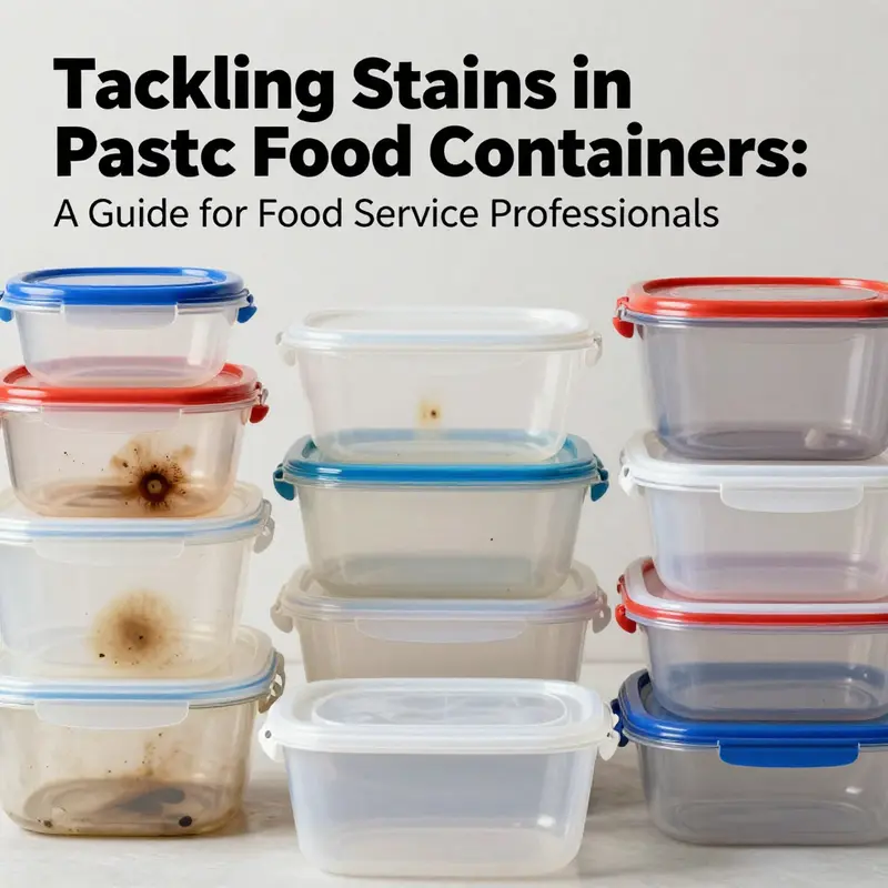 A collection of both stained and clean plastic food containers representing the focus of the article.