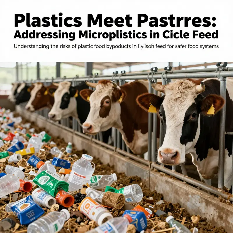 An image depicting cows grazing with a backdrop of discarded plastic food packaging, symbolizing the issue of pollution in livestock feed.