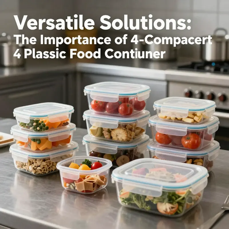 An array of 4-compartment plastic food containers filled with different foods, set in a professional kitchen environment.