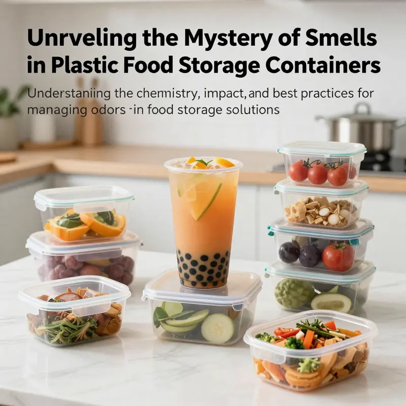 A collage of food storage containers in a food service setting, showcasing the diversity and significance of odor management.