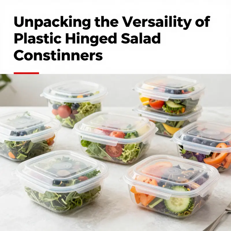 An array of plastic hinged salad food containers filled with various fresh salads and garnishes.