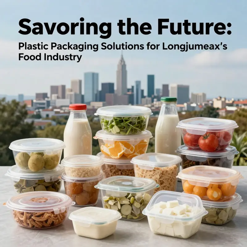 A vibrant collage representing sustainable food packaging solutions set against the Longjumeau skyline.