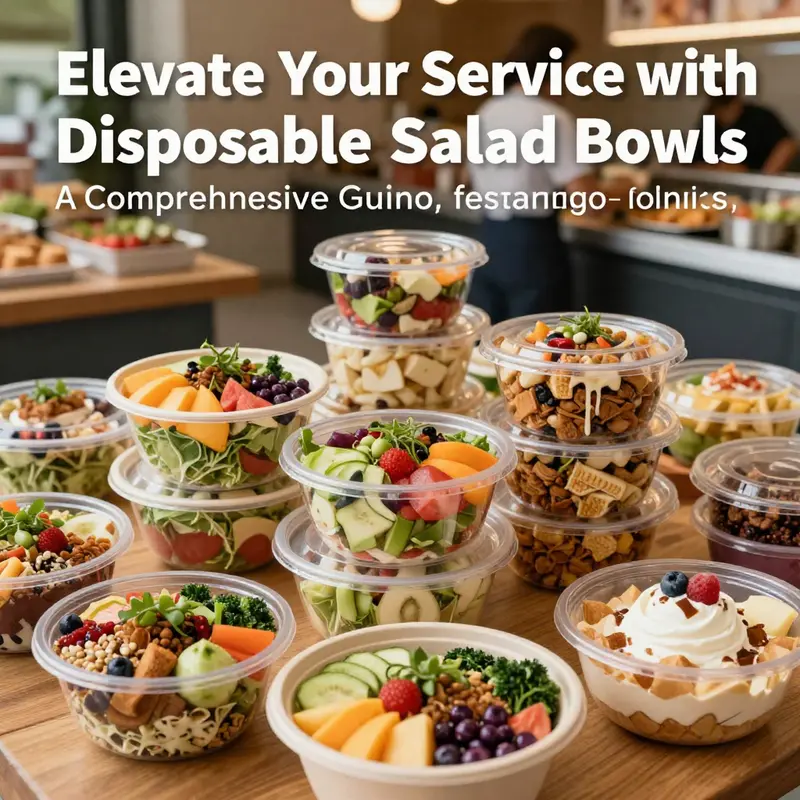 A vibrant display of disposable plastic salad bowls filled with salads and fruits in a busy food service setting.