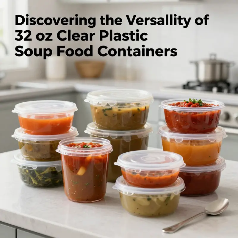 An assortment of clear plastic soup containers filled with colorful soups and sauces on a countertop.