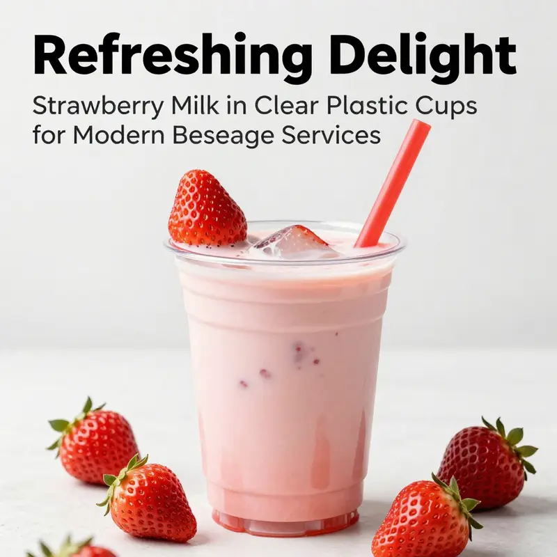 Clear plastic cup with strawberry milk garnished with strawberries, representing freshness and appeal.