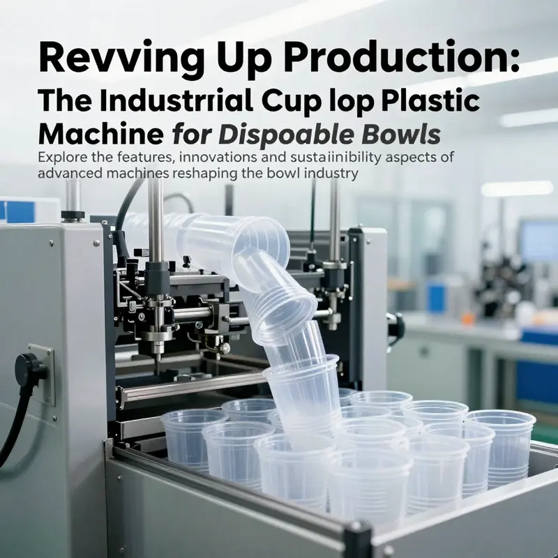 Cover image showing an industrial cup plastic machine in production, creating disposable bowls in a factory setting.
