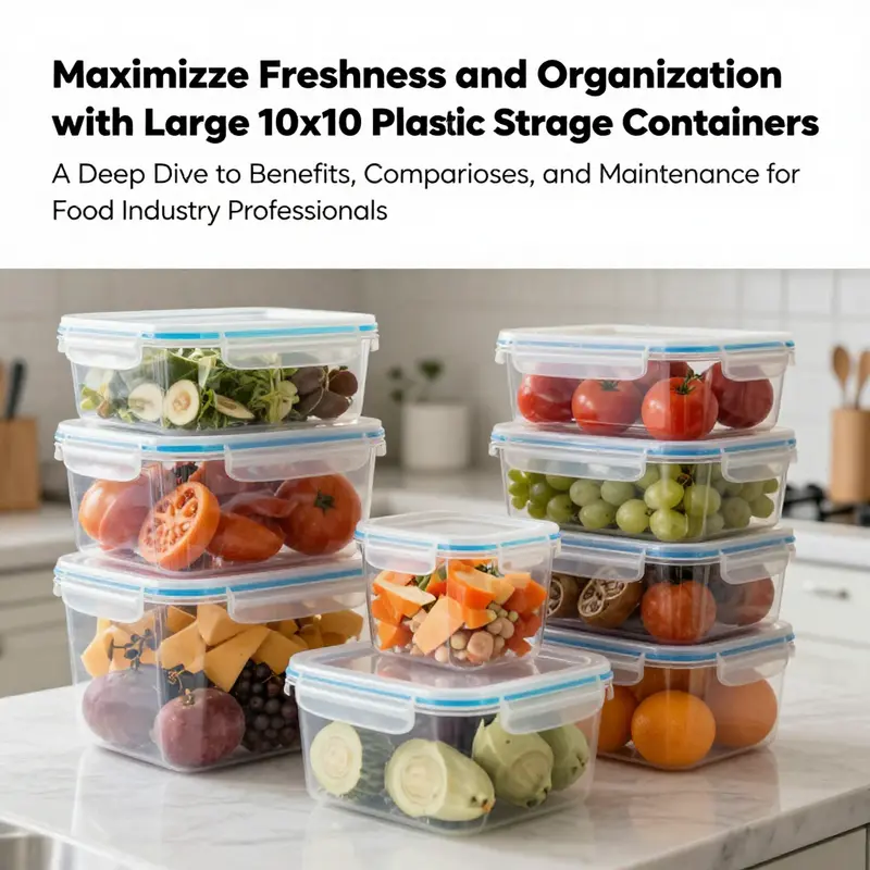 Large 10x10 plastic food storage containers filled with a variety of fresh foods in a clean kitchen.