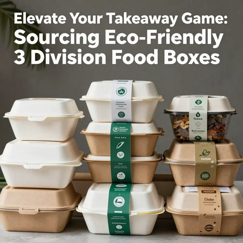 A collection of large 3-division takeaway food boxes made from eco-friendly materials.