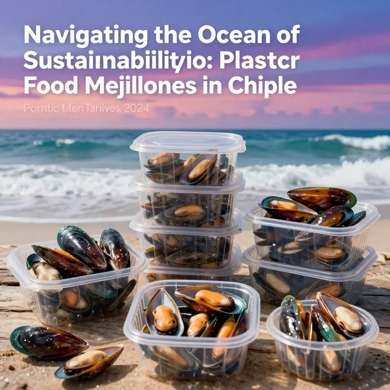 An appealing display of mejillones in eco-friendly plastic containers against a scenic ocean backdrop.