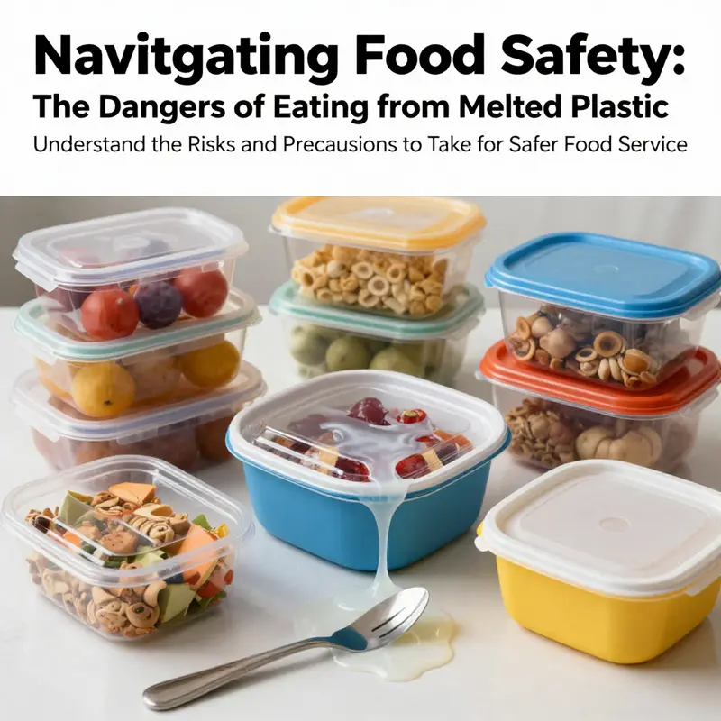 An image depicting safe food packaging next to melted plastic containers, highlighting the issue of food safety.