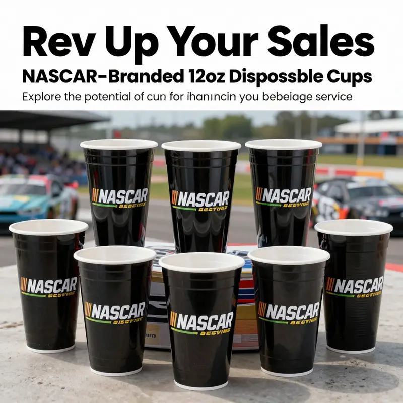 A colorful array of 12oz disposable plastic cups showcasing the NASCAR logo in a lively setting.