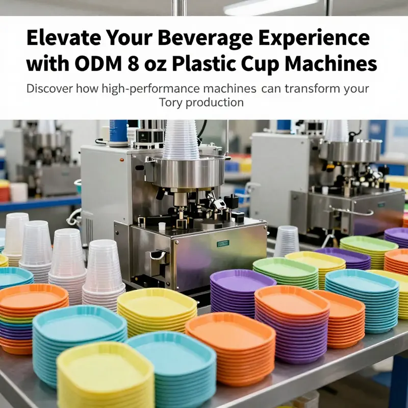 An assortment of ODM plastic cup machines in a dynamic production environment with colorful disposable trays.
