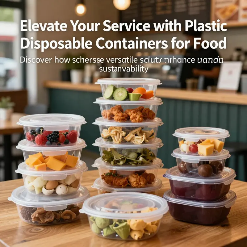 Assorted food items in colorful plastic disposable containers displayed in a busy café setting.