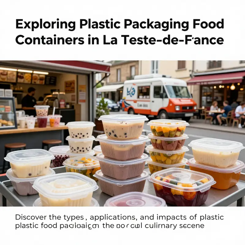 An engaging collage displaying various plastic food packaging containers in different food service environments in La Teste-de-Buch, France.