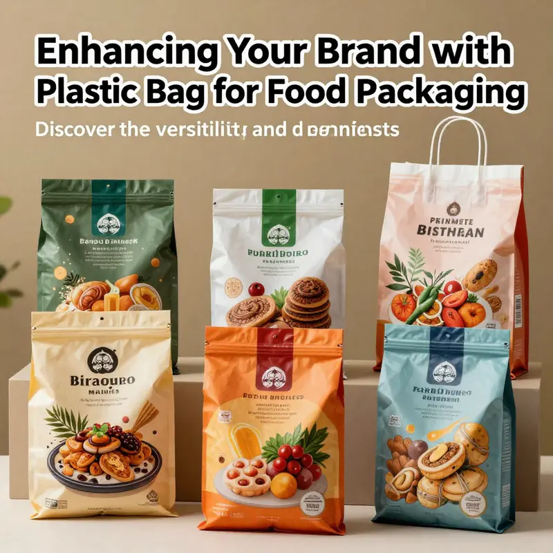 A collection of custom printed plastic bags featuring various designs for food packaging, representing branding and product appeal.
