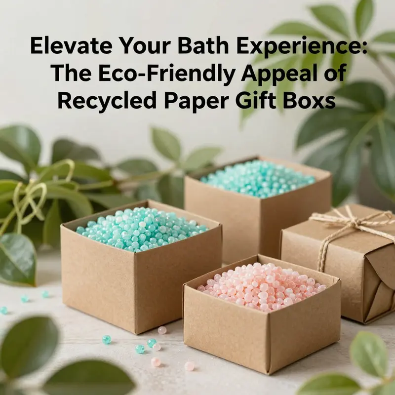 An arrangement of recycled paper gift boxes filled with colorful bath beads surrounded by greenery.