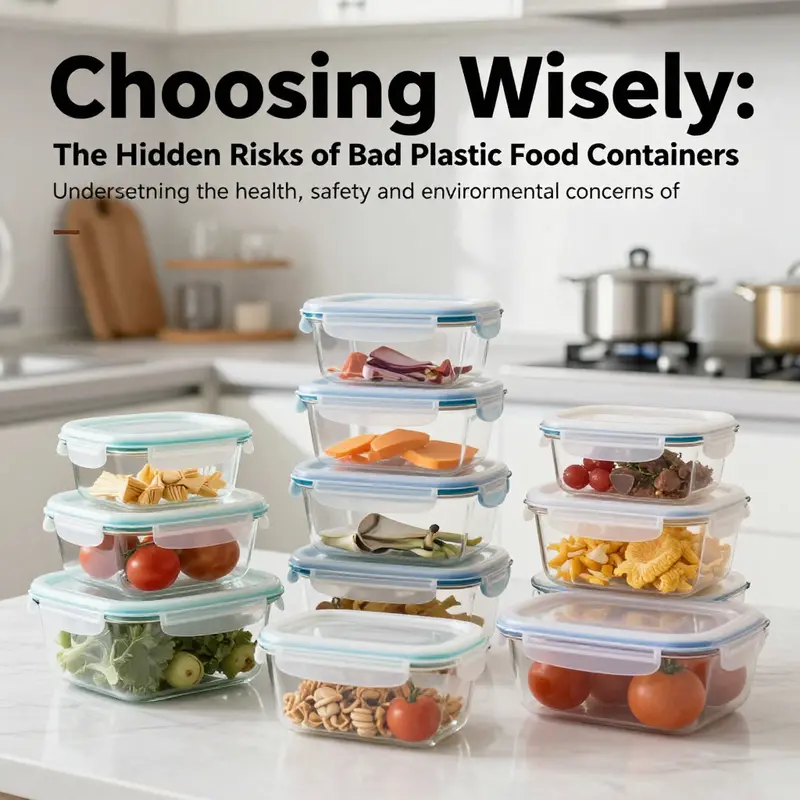 A neatly organized display of glass and high-quality plastic food containers in a bright kitchen, emphasizing safety and cleanliness.