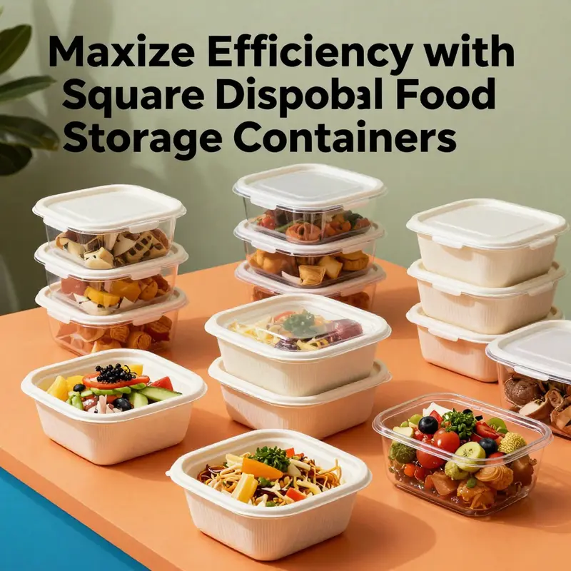 An assortment of square disposable food storage containers filled with colorful dishes on a vibrant table, showcasing their aesthetic and functional appeal.
